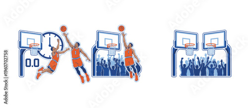 Basketball player making a buzzer beater shot. Championship playoff winning moment. Cartoon vector illustration set