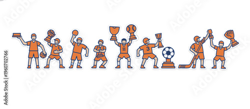 Champion athletes from various sports holding trophies. MVP and winner celebration concept. Outline vector icon set