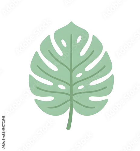 Minimalist Flat Design Single Monstera Leaf Icon with Soft Green Color on White Background