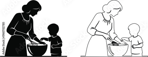 Mother and child cooking together silhouette and outline illustration family baking activity hand drawn style isolated on white background vector
