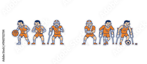 Injured sports player vector sticker set. Cartoon illustration of an athlete with a cast, bandages, and crutches. Basketball injury and recovery concept