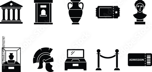 Museum and history icon set with ancient artifacts exhibition ticket sculpture and gallery elements black silhouette collection isolated background