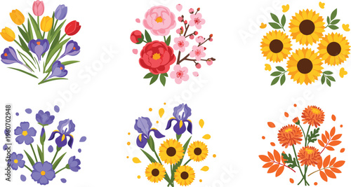 Colorful flower bouquet collection with tulips sunflowers blossoms decorative floral arrangements vector illustration set