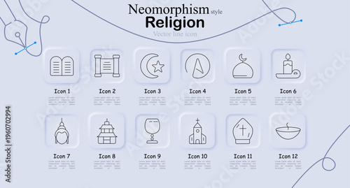 Religion set icon. Tablets, scroll, crescent star, symbol, mosque, candle, statue, temple, chalice, church, bishop hat, bowl, faith tradition, worship ritual, spirituality.