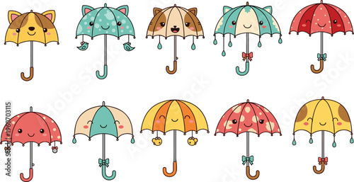 Cute cartoon umbrellas collection with animal faces and playful expressions colorful rainy season kids vector illustration set