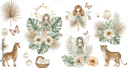 Watercolor illustration of various animals and plants in a jungle or savannah setting with flowers and leaves