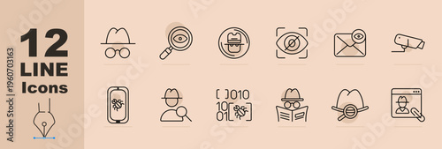 Detective investigation set icon. Line icons with hat glasses disguise, magnifier eye, agent badge, hidden eye scan, envelope tracking, security camera, phone bug, detective search