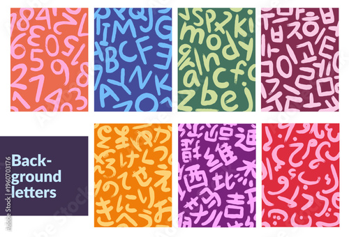 background with alphabet pattern design collection set - English, Japanese, Korean, Chinese, Arabic letters