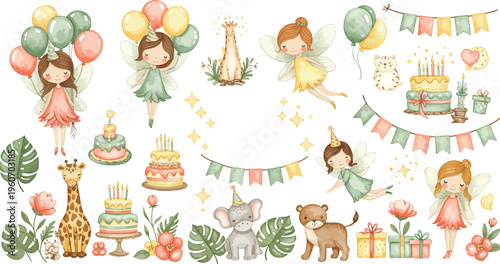 Whimsical watercolor birthday celebration scene with animals and children