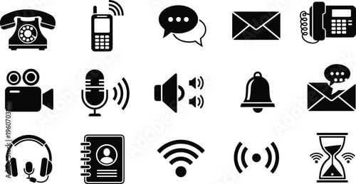 communication icons set, technology symbols, phone, message, email, audio, video, wireless, notification, digital media, connectivity, modern interface, flat design