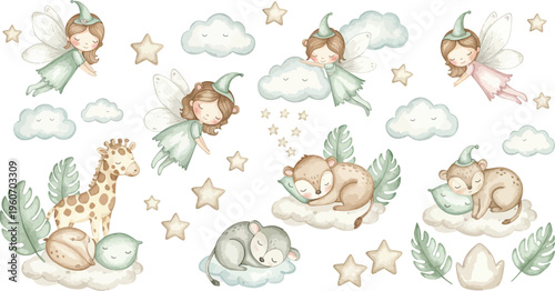 Whimsical illustration of fairies and animals in clouds with stars and plants
