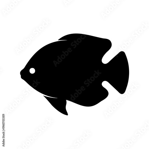 Silhouette of a black fish with a round body shape swimming sideways