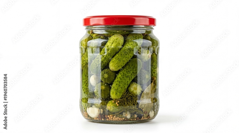 Fototapeta Glass jar with homemade pickled cucumbers, garlic, dill and spices isolated on white. Fermented vegetable food, traditional preservation and healthy probiotic snack concept.