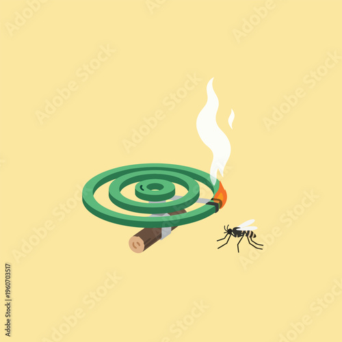 Burning green mosquito coil with smoke and small insect silhouette representing traditional pest control and home protection from biting insects.