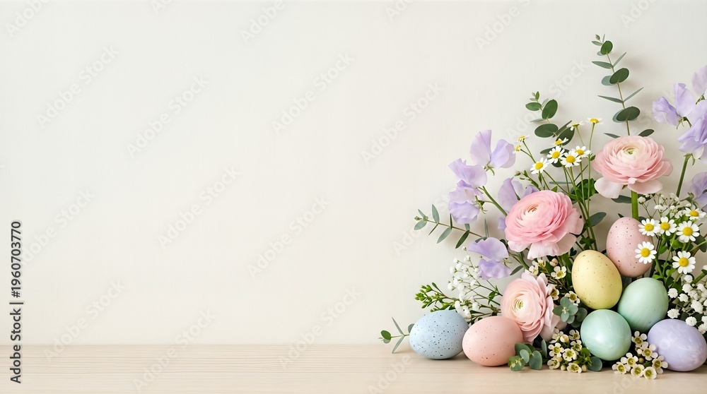 Obraz premium A serene arrangement of pastel-colored Easter eggs and spring flowers on a light background.