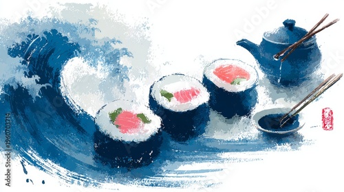 Abstract blue brushstroke sushi still life featuring salmon cucumber maki with teapot chopsticks on painterly backdrop for modern cuisine branding and home decor