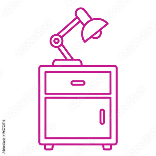 Pink line art illustration of a bedside table with a lamp