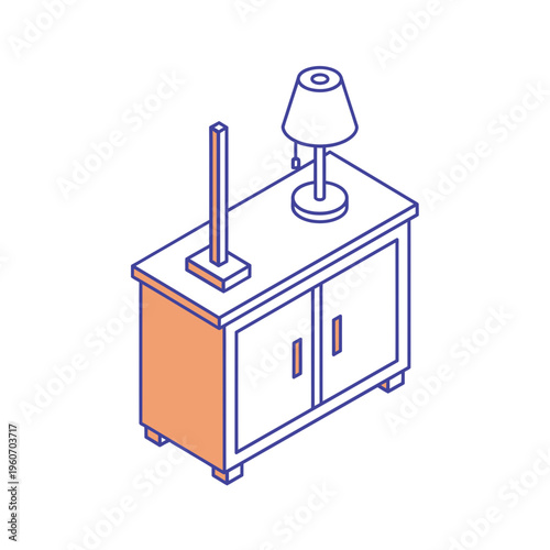 Isometric illustration of a bedside table with a lamp and a sculpture