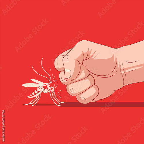 Fist punching mosquito vector illustration on red background for pest control concept and fighting against infectious tropical diseases and viruses.