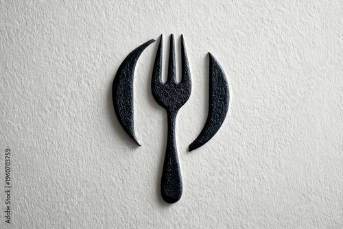 Minimalist black fork flanked by curved crescents forming plate motif on light textured background for modern kitchen branding and graphic design visuals