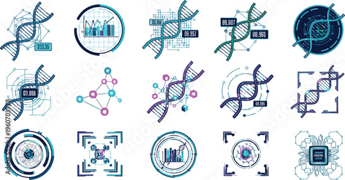 Futuristic DNA technology vector icon set featuring genome analysis biotechnology data science elements in modern digital style collection