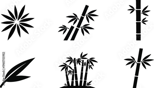 Black and white of bamboo plants and leaves silhouettes