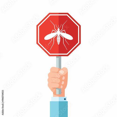 Hand holding stop sign with mosquito symbol prohibition warning against insect pest control and danger alert vector illustration.