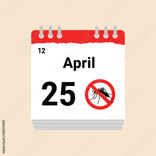 World malaria day calendar icon showing april 25 date with mosquito sign on white page representing international awareness and health campaign event.