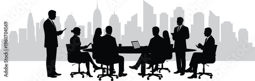 Business team in meeting room, corporate office discussion, urban skyline background, teamwork collaboration, executive planning, cityscape boardroom, strategy session.