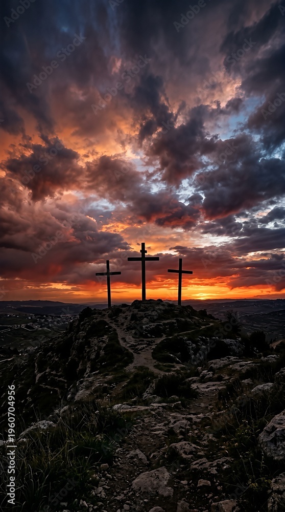 Obraz premium Silhouettes of three crosses on a hill at sunset with vibrant clouds creating a dramatic atmosphere.