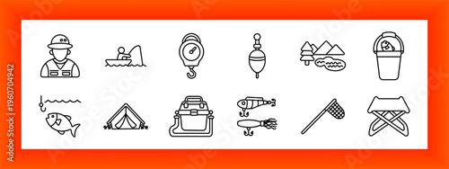 Fishing activity set icon. Fisherman portrait, boat catch, hanging scale, float bobber, landscape trees, bucket catch, hook line, fish animal, tent camping, tackle box, lure bait, landing net, folding