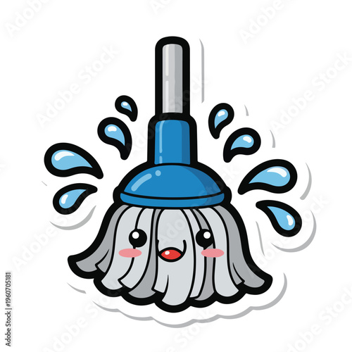 Cute Kawaii Mop Character with Water Splashes Sticker