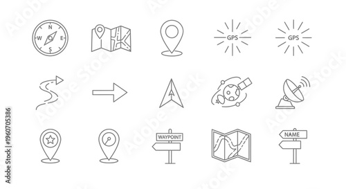 A set of outline icons representing navigation, maps, GPS, location, and travel concepts.