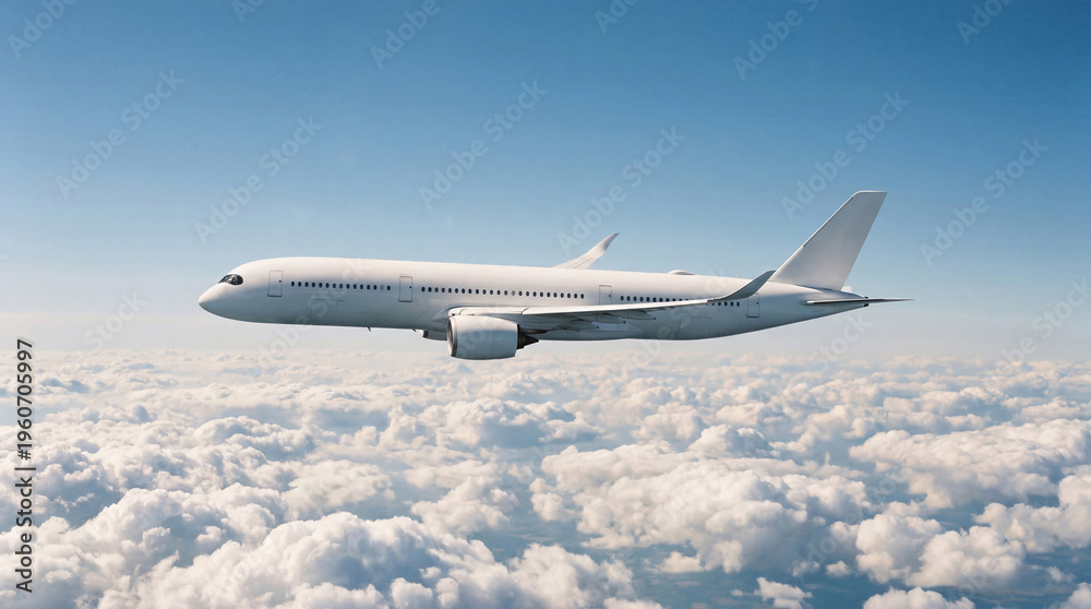 Obraz premium Clean profile of white airplane commercial jet plane Airbus A350 flying level above the clouds minimalist composition for travel website banner and aviation industry advertisement campaign