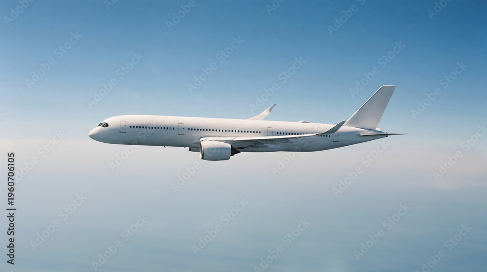 Obraz premium Profile view of white airplane commercial jet plane Airbus A350 in flight showing detailed engine and winglet design against a clear sky for aviation enthusiasts and catalogs