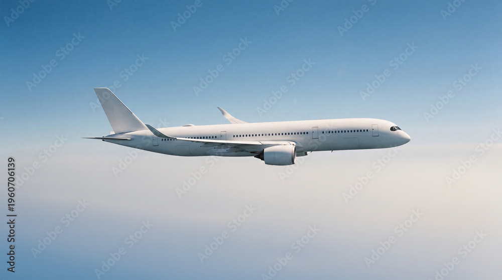 Obraz premium Wide shot of white airplane commercial jet plane Airbus A350 flying horizontally across a hazy blue sky during early morning flight for international transportation concepts