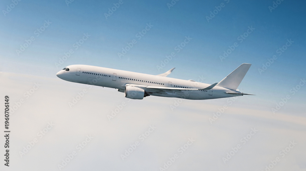 Obraz premium Low angle view of white airplane commercial jet plane Airbus A350 ascending into the blue sky with wings spread wide against a minimalist background for airline marketing