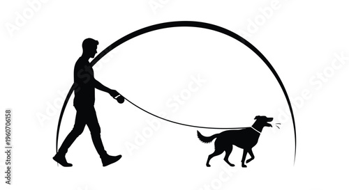 Black silhouette, dog walking, pet owner, leash icon, vector graphic