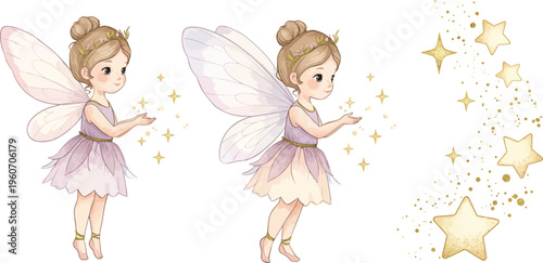 Two cute little fairies in pink dresses with sparkles and stars