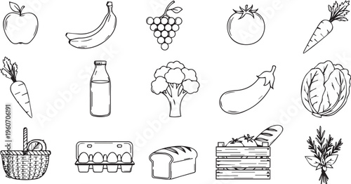Farm Fresh Food Outline Icon Set – Fruits, Vegetables, Bread, Milk & Organic Market Vector Collection