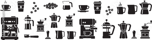 Coffee Equipment Icon Set Black Silhouette – Barista Tools, Espresso Machine, Grinder, Cup & Brewing Collection