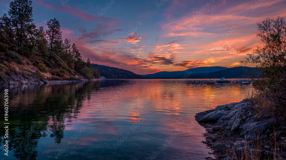 Fototapeta premium Sunset with colorful sky at lake. Vector nature landscape