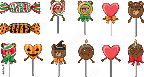 Cute holiday lollipop and candy collection with bear hearts Halloween Christmas sweets colorful cartoon vector illustration set
