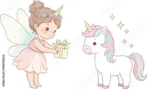 Little fairy girl offering a flower to a beautiful white unicorn with a crown on its head
