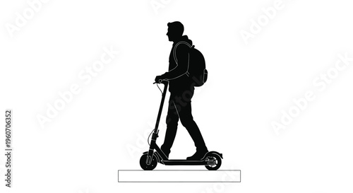 Black silhouette of a man walking with electric scooter, urban transportation icon, modern commute symbol, monochrome illustration