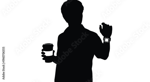 Silhouette of man holding coffee cup, black silhouette, coffee break, office worker