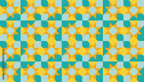 Modern geometric seamless pattern with star and floral motifs in yellow and turquoise