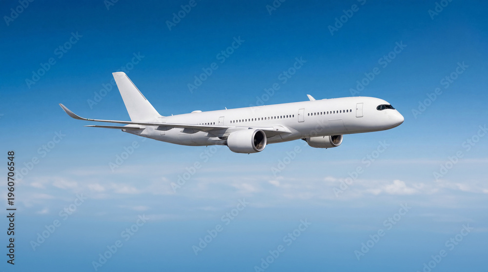 Obraz premium Isolated view of white airplane commercial jet plane Airbus A350 cruising at high altitude for travel website banner and transportation concept