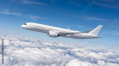 Majestic white airplane commercial jet plane Airbus A350 tilting slightly while cruising above thick cloud layer for international travel concept