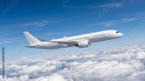 Side view of white airplane commercial jet plane Airbus A350 soaring through white clouds under clear blue sky for airline industry marketing background